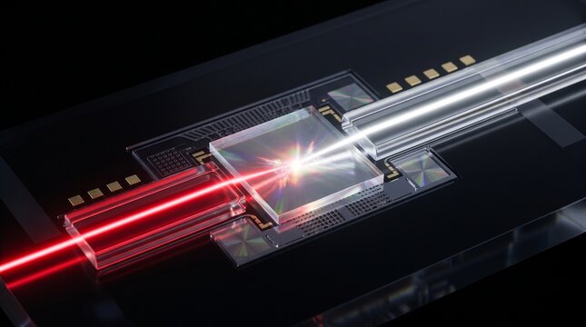 Advanced photonic AI processor using light-based computing. Futuristic optical chip with laser data transmission for high-speed neural networks.