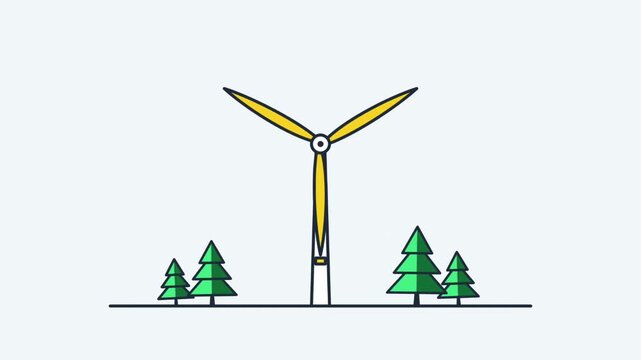 Minimalist Wind Turbine Animation with Green Pine Trees