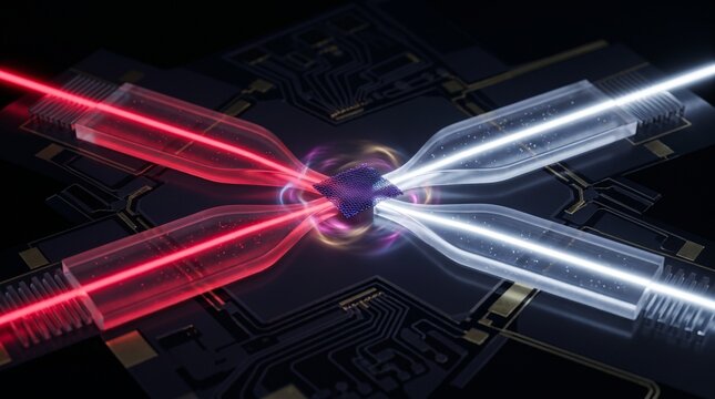 Futuristic photonic AI processor with laser light beams. Advanced optical computing chip using fiber optics and neural networks.