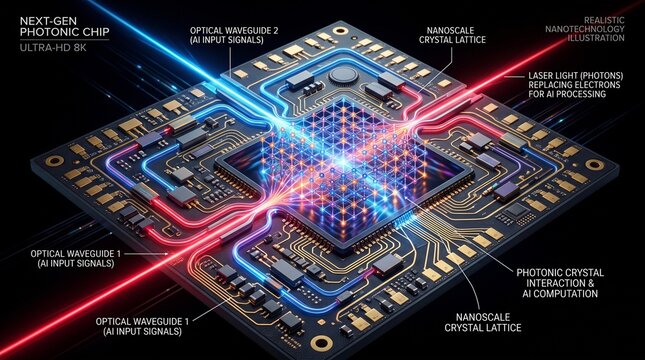 Futuristic photonic computing chip with glowing optical circuits. Advanced AI processor using light-based data transmission for ultra-fast performa...