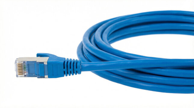 Clean Ethernet Cable Connector Isolated on White PNG. Professional product shot of blue ethernet RJ45 connector with cable isolated on pure white background, commercial clean style