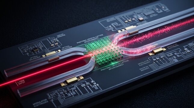Futuristic photonic computing chip with glowing optical fibers. Advanced data processing technology using light-based microcircuits for ultra-fast...