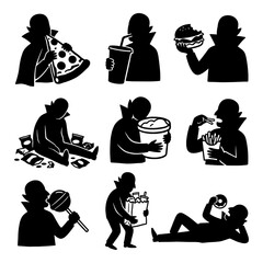 Black silhouettes of a cartoon vampire eating various types of junk food and fast food items.