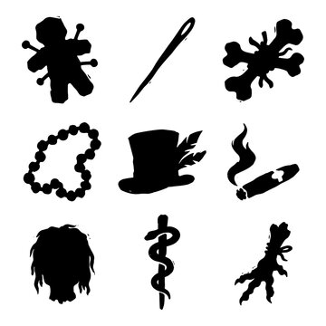 Set of mystical occult and witchcraft ritual equipment silhouettes.
