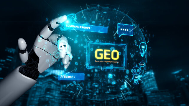 Futuristic Robot Hand Interacting with Digital Interface Displaying GEO Concepts for Search Engine Optimization. Entropy.