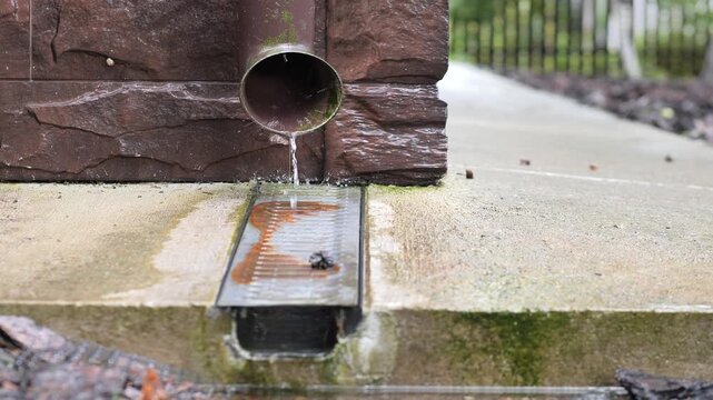 Rainwater is flowing from a metal downspout, splashing into a brown concrete channel drain with a metal grate, collecting water on a wet concrete and stone wall exterior during a rainy day