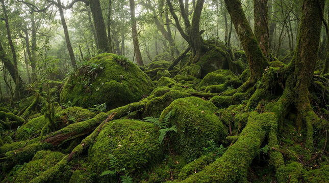 Moss Carpet Forest Floor Soft Green Nature Scene. Wide environmental shot of lush moss covering forest stones, soft natural light creating peaceful green sanctuary atmosphere