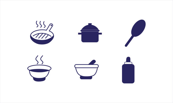 kitchen utensils vector icon set -frying pan -cooking pot-spoon - bowl-mortar and baby bottle flat icons.