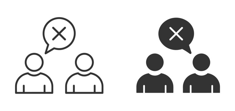 Communication Error. A simple graphic representation of two figures with a speech bubble containing a cross symbol, indicating a breakdown in communication or a disagreement.