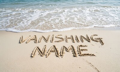 Fototapeta premium Handwritten name fading on beach sand at sunset. Personalized message disappearing in ocean waves with soft golden light