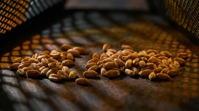 Abstract Grain Texture Artistic Macro Photography. Mysterious close-up of wheat grain kernels with creative lighting, abstract shapes and shadows, artistic interpretation