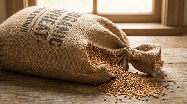Vintage Grain Sack Texture Rustic Background Image. Close-up of burlap grain sack with wheat kernels spilling out, authentic rustic texture, warm nostalgic lighting