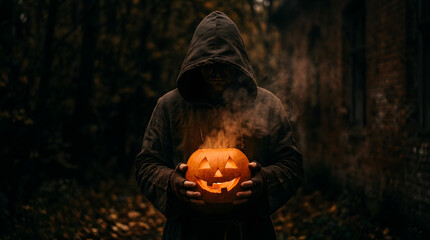 Naklejka premium Mysterious hooded figure holding a glowing and smoking carved jack-o'-lantern pumpkin outdoors at night, dark spooky Halloween concept.