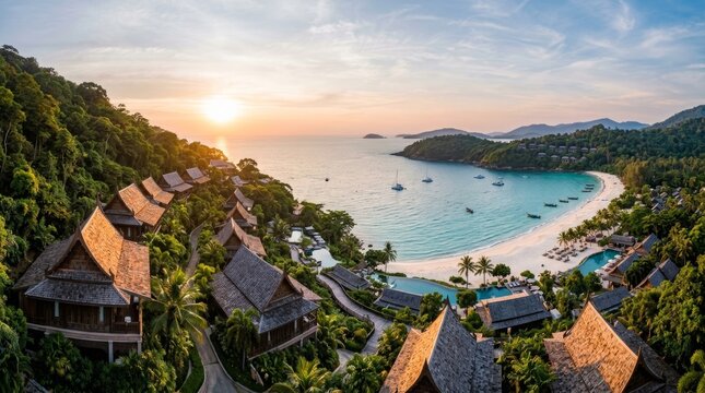 Luxury Thai Resort Villas on Tropical Oceanfront Beach at Sunset Golden Hour