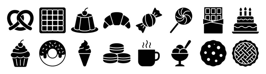 Set of black silhouette dessert and bakery icons including pretzel, chocolate, jelly, croissant, candies, cake, cupcake, donut, ice cream, macarons, coffee, ice cream cups on transparent background