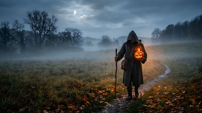 Mysterious hooded traveler walking down a foggy countryside path at night holding a glowing carved jack-o'-lantern and wooden staff under a crescent moon, spooky Halloween concept.