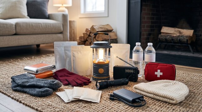 Winter storm emergency kit by fireplace, thermal blankets, lantern, warm clothing, and power outage supplies