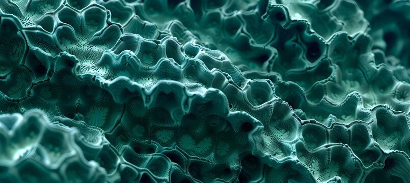 Intricate teal fractal structure featuring deep organic textures with a highly detailed complex geometric pattern captured in soft cinematic lighting