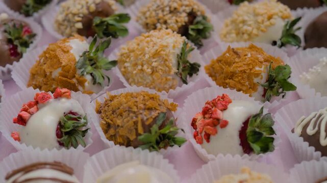 Selective focus: set of many different fresh chocolate covered strawberries on slow rotating surface - close up. Holiday, gift, diversity, confectionery, romantic and Valentine Day concept