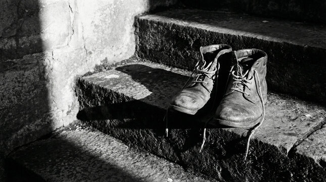 Dramatic Shadow of Empty Shoes on Stone Steps Still Life. Side-lit artistic composition of worn shoes casting long shadows on cold stone stairs, dramatic chiaroscuro lighting emphasizing absence