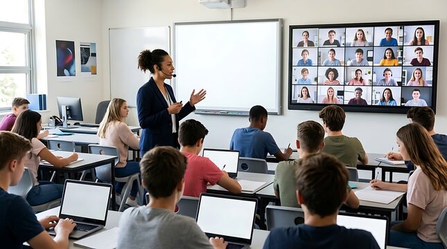 Female educator leads a hybrid classroom session with students using laptops and digital video conferencing on a large screen monitor