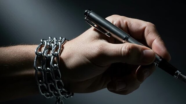 Hand holding a pen with a chain wrapped around the wrist