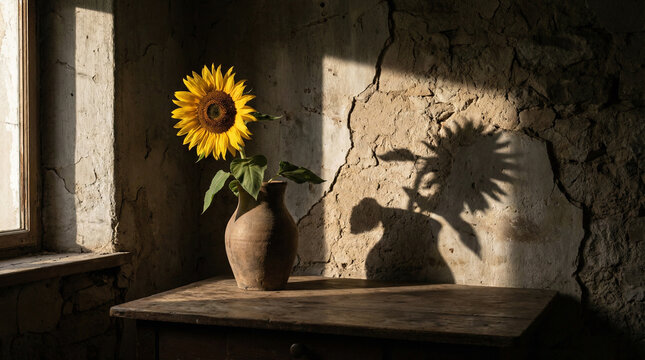 Dramatic Sunflower Still Life with Moody Shadow Play. Artistic side-lit sunflower in rustic ceramic vase casting dramatic shadows on textured wall, chiaroscuro lighting style