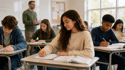 Fototapeta premium Diverse High School Students Studying and Writing During Classroom Lesson
