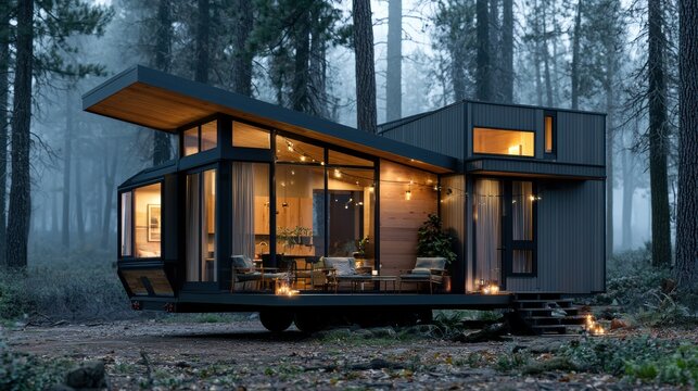 A tiny house on wheels sits in a forest clearing. Warm lights shine from the windows as evening falls and string lights glow softly.