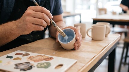 Fototapeta premium Person painting the inside of a ceramic cup with light blue glaze in a studio