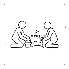 Fototapeta premium Friends and couple building a sandcastle on beach line icon stick figure vector.