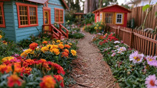 Garden path leads from the main model house to a tiny studio module surrounded by colorful flowers and greenery.