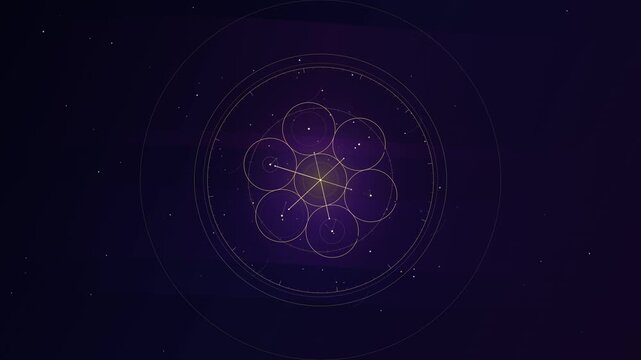 Abstract golden HUD orbit interface animating sacred geometry patterns over dark purple starry cosmos background