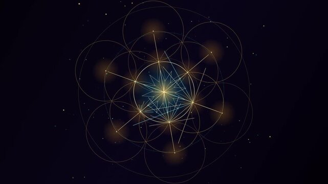 Abstract golden sacred geometry flower of life expanding on dark space background.
