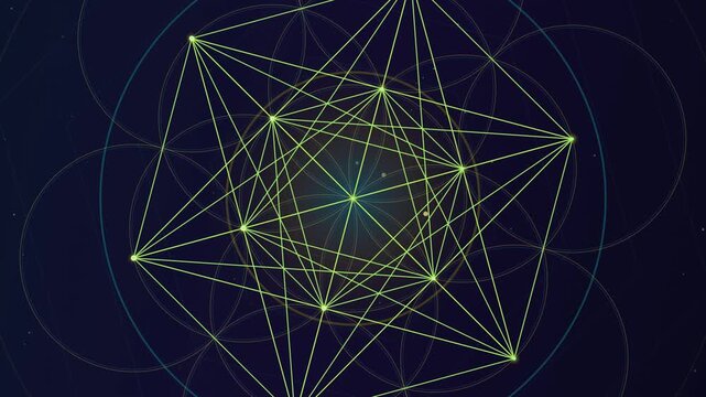 Animated glowing geometric lines connect nodes to form sacred geometry structure.