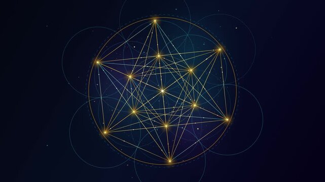 Animated sacred geometry pattern connecting glowing golden light nodes into a star network on a dark background.