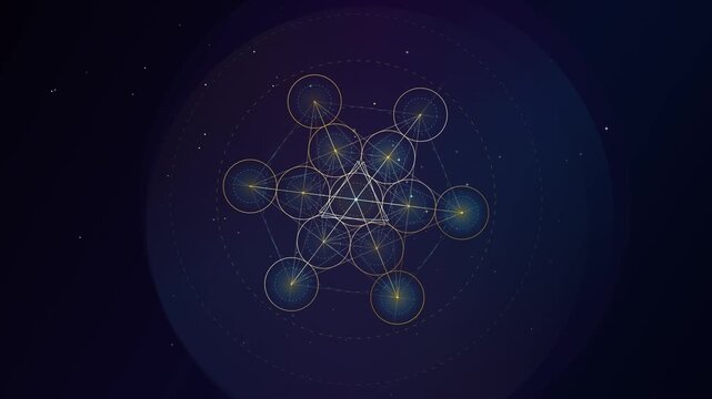 Animated Metatron's Cube sacred geometry symbol rotating against a dark starry space background.