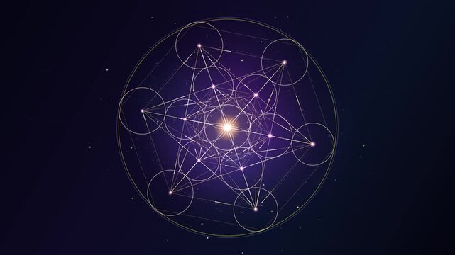 Glowing Metatron cube sacred geometry rotating on dark cosmic background.