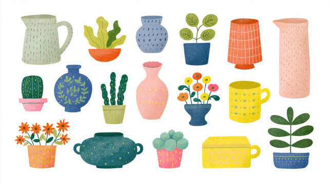 hand drawn blue marker home decor collection of interior objects