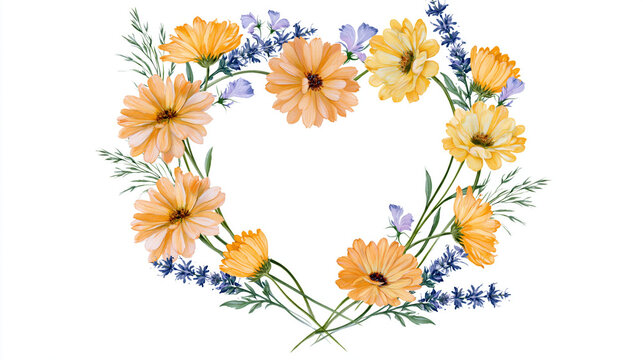 botanical heart wreath with calendula flowers and blue sage on white background
