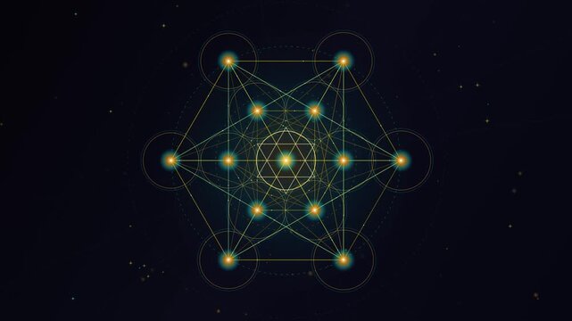 Glowing Metatron sacred geometry symbol rotating on dark cosmic starry background
