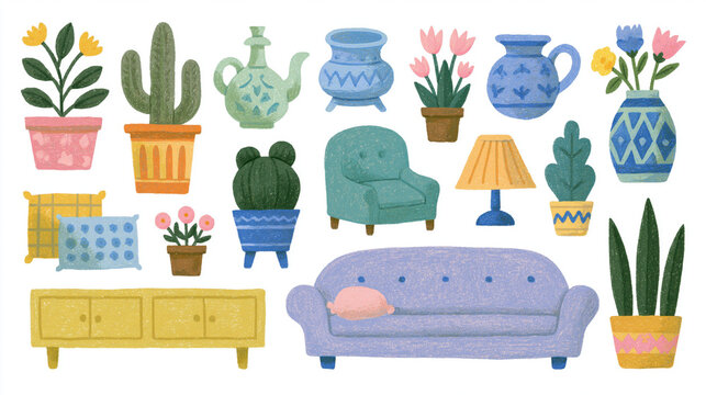 hand drawn blue marker home decor collection with interior objects