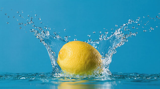 whole yellow lemon splashing into clear water against vibrant blue background
