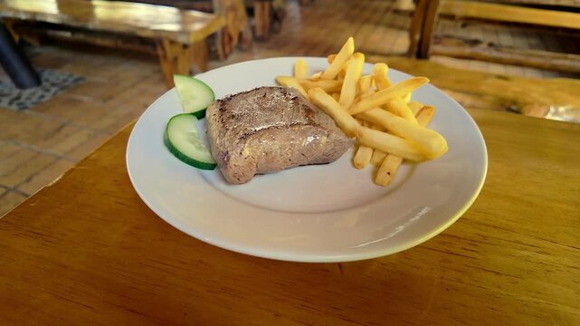 grilled meat steak with french fries and cucumber slices on white plate