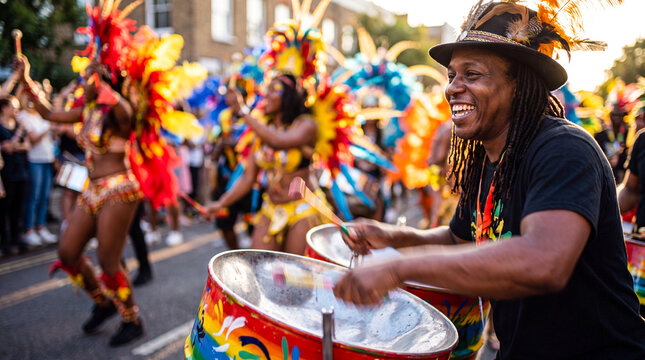 Steel pan musician performing at carnival. Happy drummer playing at a street parade festival.