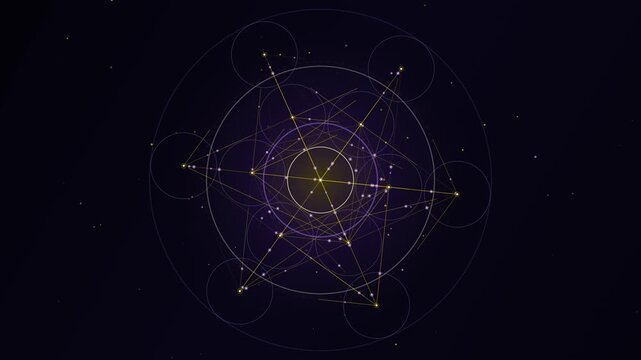 Glowing sacred geometry animation forming rotating network constellations on dark purple background.