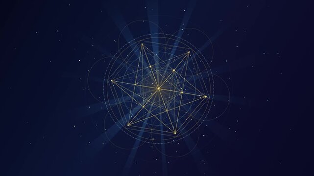 Glowing sacred geometry star rotating on a dark cosmic space background