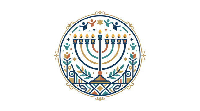 Dynamic Illustrated Hanukkah Menorah with Colorful Flames Stars and Festive Decorations in a Circular Frame