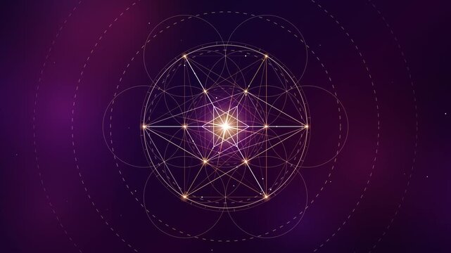 Glowing sacred geometry star symbol animating on purple background.