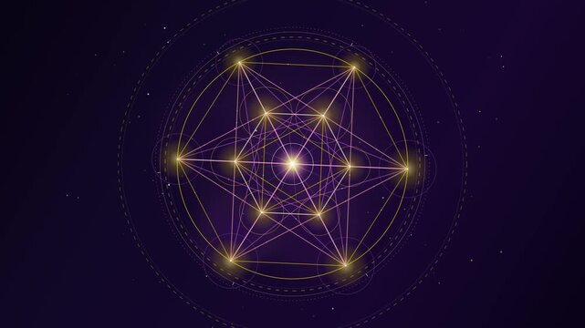 Glowing sacred geometry symbol rotating with light particles on dark purple background.